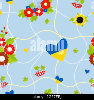 Motif fleuri sans couture avec symboles ukrainiens. Un bouquet de malow rouge, une branche de viburnum, un coeur jaune-bleu, une couronne de fleurs sur un bleu clair Illustration de Vecteur