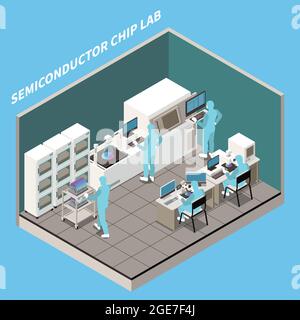 Production de puces à semi-conducteurs composition isométrique avec texte et vue intérieure du laboratoire avec illustration vectorielle des travailleurs et des machines Illustration de Vecteur
