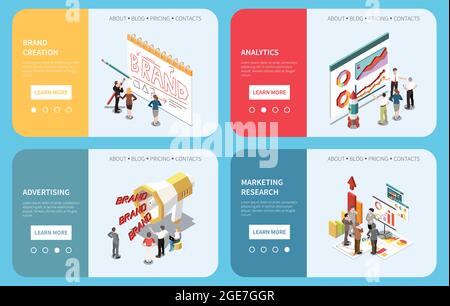 Marque création publicité analytique marketing recherche horizontale concept bannières ensemble 3d isométrique isolé sur fond bleu illustration vectorielle Illustration de Vecteur