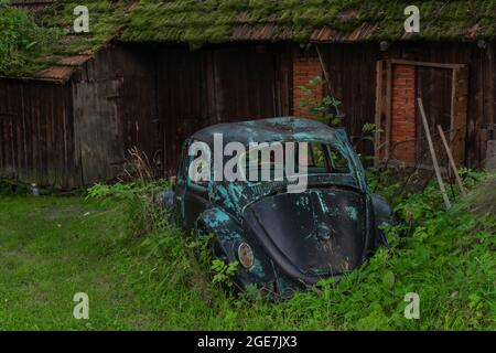 Vieille voiture bleue dans de l'herbe verte longue près de l'ancienne grange brune en bois Banque D'Images