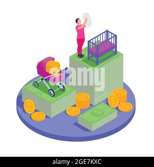 Sécurité sociale chômage prestations familiales composition isométrique avec plate-forme circulaire mère avec enfant et argent icônes illustration vectorielle Illustration de Vecteur