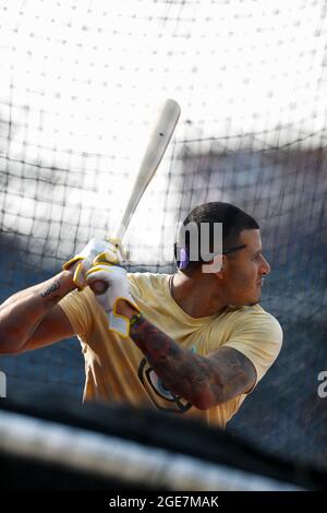 San Diego Padres troisième bassière Manny Machado (13) prend la pratique de la batte avant un match de la saison régulière de la MLB contre les Rocheuses du Colorado, lundi, Augus Banque D'Images