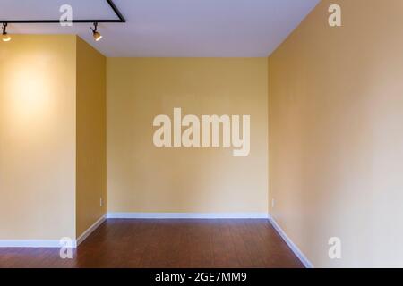 Vue sur la salle de séjour vide dans une maison d'appartement moderne avec des murs jaunes vides. Banque D'Images