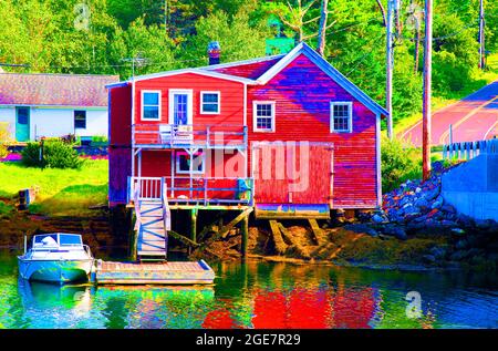 Une maison de pêcheur et d'affaires sur la rive de Southport, Maine, Etats-Unis (effet spécial - saturation) Banque D'Images