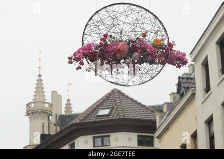 Bruxelles, Belgique. 17 août 2021. Une installation florale est vue dans le centre de Bruxelles, en Belgique, le 17 août 2021. Un événement floral « Bruxelles à Bloom » a eu lieu du 15 août au 5 septembre de cette année dans les rues autour de la Grand-place de Bruxelles, alors que le tapis de fleurs a été déplacé en août 2022. Credit: Zheng Huansong/Xinhua/Alay Live News Banque D'Images