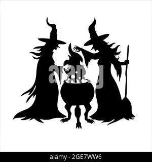 Silhouette noire de deux sorcières avec un chou-fleur. Joyeux Halloween vecteur clipart illustration des sorcières de préparer une potion magique. Arrière-plan blanc. Illustration de Vecteur