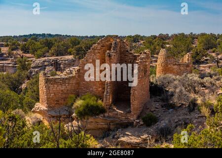 L'élégante maçonnerie en pierre des structures du château de Cutgorge à Hovenweep National Monument, Colorado, Etats-Unis Banque D'Images