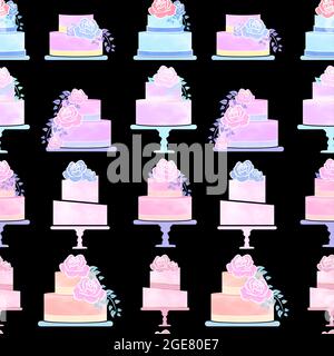 Motif de gâteau aquarelle sur fond noir Banque D'Images