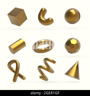 Objets 3D Golden Geometric Shapes réalistes. Éléments géométriques réalistes isolés sur fond blanc avec dégradé de couleur métallique Illustration de Vecteur