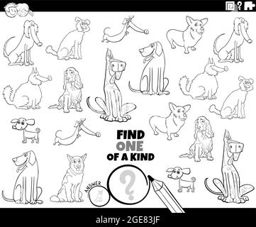 Dessin animé noir et blanc illustration de trouver un d'un genre image jeu éducatif avec les chiens de race bande dessinée caractères animaux coloriage page livre Illustration de Vecteur