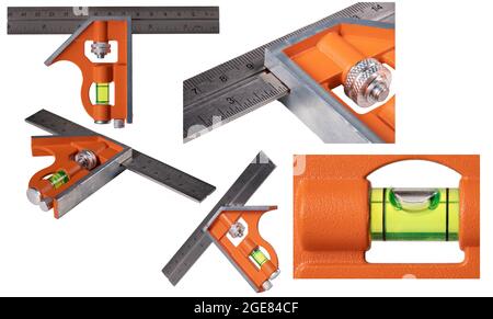 La règle et le carré de menuisier avec un niveau à bulle. Outils utilisés dans un atelier de menuiserie. Arrière-plan isolé. Banque D'Images