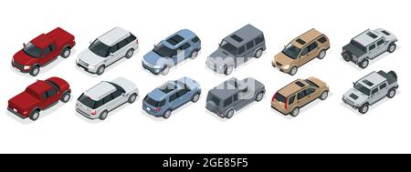 Modèle de jeu de vus réaliste isométrique sur fond blanc. Multisegment compact, camion, pick-up, vus, break 5 portes. Vecteur de modèle Illustration de Vecteur