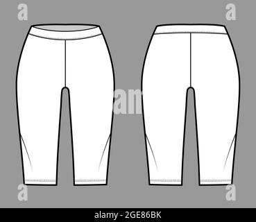 Short de vélo legging technique mode illustration avec taille basse, taille, longueur genou. Pantalon de sport plat, décontracté pantalon tricoté modèle de vêtement avant, arrière, couleur blanche. Femmes, hommes unisex CAD maquette Illustration de Vecteur