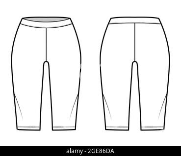 Short de vélo legging technique mode illustration avec taille basse, taille, longueur genou. Pantalon d'entraînement sport plat, décontracté pantalon tricoté modèle de vêtement avant, arrière, couleur blanche. Maquette CAD pour femmes et hommes Illustration de Vecteur