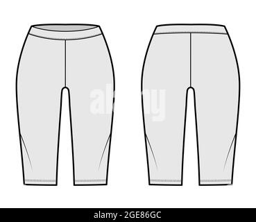Short de vélo legging technique mode illustration avec taille basse, taille, longueur genou. Pantalon d'entraînement sport plat, décontracté pantalon tricoté modèle avant, arrière, couleur grise. Femmes, hommes unisex CAD maquette Illustration de Vecteur