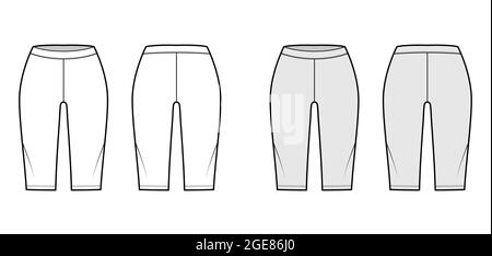 Short de vélo legging technique mode illustration avec taille basse, taille, longueur genou. Pantalon d'entraînement sport plat, pantalon modèle de vêtement avant, arrière, blanc, couleur grise. Femmes, hommes unisex CAD maquette Illustration de Vecteur