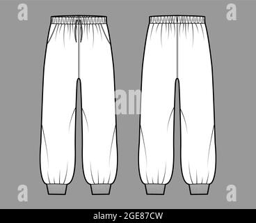 Short Pantalon de survêtement illustration technique de la mode avec poignets élastiques, taille basse, taille, cordes de traction, longueur midi de cheville. Jogging de training sans pinces modèle sur le devant, dans le dos, de couleur blanche. Femmes hommes unisexe mockup Illustration de Vecteur