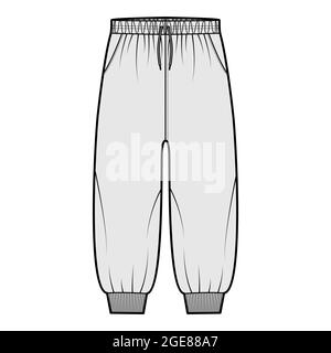 Short Pantalon de survêtement illustration technique de la mode avec poignets élastiques, taille basse, taille, cordes de traction, longueur de mollet. Jogging plat pantalon habillement modèle sur le devant, couleur grise. Femmes hommes unisexe CAD maquette Illustration de Vecteur