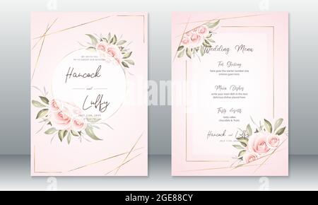 Modèle de carte d'invitation de mariage de luxe. Élégant fond rose avec cadre doré et bouquet de roses. Illustration vectorielle.Eps10 Illustration de Vecteur