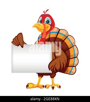 Bonne journée de Thanksgiving. Drôle de personnage de dessin animé dinde oiseau. Dinde oiseau tenant bannière vierge. Illustration du vecteur de stock Illustration de Vecteur