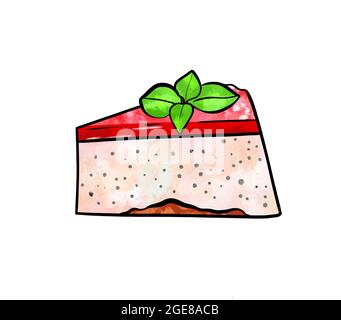 illustration d'un dessin coloré de bonbons : un morceau de mousse de gâteau avec couche de beige, couche supérieure de saveur de fraise rouge et pour la décoration menthe lea Banque D'Images