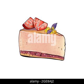illustration d'un dessin coloré de bonbons : un morceau de mousse à gâteau avec couche de rose, couche supérieure décorée de moitiés de fraises sur un fond blanc isolé. Illustration de haute qualité Banque D'Images