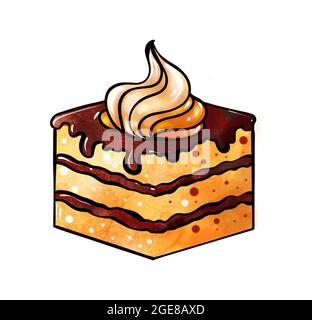 illustration d'un dessin coloré de bonbons: un morceau de gâteau avec des couches de brun jaune, trempé dans le chocolat et la crème pour la décoration sur un fond blanc isolé. Illustration de haute qualité Banque D'Images
