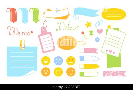 Bloc-notes en papier adhésif kawaii Bright Set. Notes vierges avec éléments de planification, autocollant emoji. Bloc-notes graphique abstrait coins recourbés, punaise. Bureau d'affaires de divers tags. Vecteur isolé Illustration de Vecteur