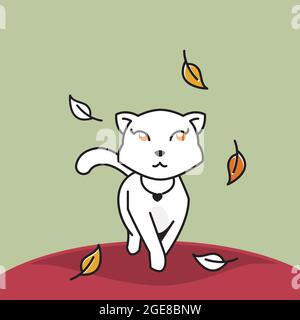 Belle randonnée de chat automne feuilles automne saison Cartoon Illustration de Vecteur