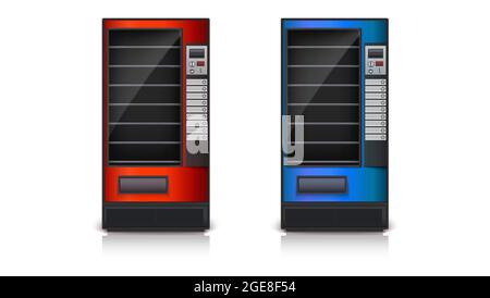 Ensemble de distributeurs automatiques vides. Distributeurs automatiques rouges et bleus isolés sur blanc. Illustration de Vecteur