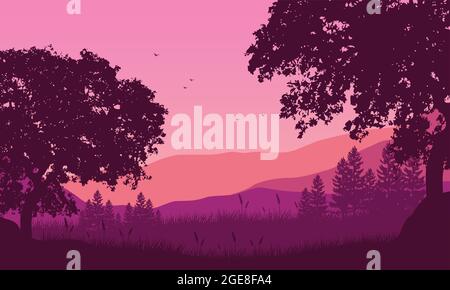 Une vue fantastique sur les montagnes avec une silhouette d'arbre au coucher du soleil depuis l'extérieur de la ville. Illustration vectorielle d'une ville Illustration de Vecteur