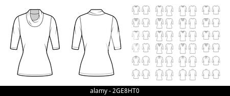Ensemble de chemises hauts de mode technique illustration avec corps large ajusté, col roulé, auvent, ovale, col en V, manchons coudés. Modèle de vêtement plat à l'avant, à l'arrière, de couleur blanche. Maquette CAD pour femmes et hommes Illustration de Vecteur