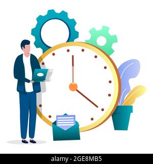 Homme d'affaires, employé debout à côté de l'horloge, illustration vectorielle. Gestion des tâches, planification, autocontrôle. Illustration de Vecteur