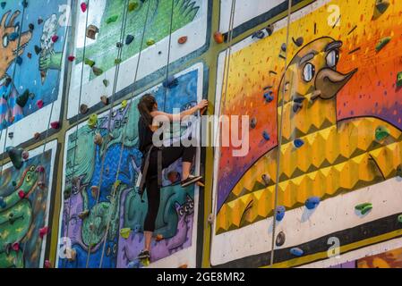 WELLINGTON, NOUVELLE-ZÉLANDE - 15 juin 2015 : Wellington, Nouvelle-Zélande, juin 15 2015. Jeune femme vêtue de noir montant un mur d'escalade coloré utilisant r Banque D'Images