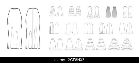 Jeu de jupes maxi technique de mode illustration avec les longueurs de plancher silhouette ajustée, crayon circulaire plénitude,. Modèle à fond plat à l'avant, à l'arrière, de couleur blanche. Femmes hommes unisexe CAD maquette Illustration de Vecteur