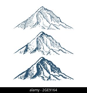 ensemble de montagnes pics, vintage, ancien dessin à la main, esquisse, différentes versions pour la randonnée, l'escalade. Illustration vectorielle Illustration de Vecteur