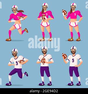 Joueurs de football américain dans différentes poses. Hommes et femmes dans le style de dessin animé. Illustration de Vecteur