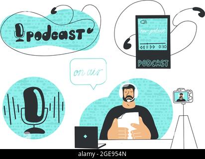 Style doodle défini par l'icône du podcast. Illustration vectorielle dessinée à la main Illustration de Vecteur