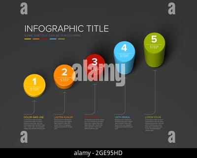 Modèle d'infographie Vector Dark multi-usage fabriqué à partir de couleurs diagonales cylindre étapes de croissance niveaux diagramme d'escaliers avec descriptions de numéros et légende Illustration de Vecteur