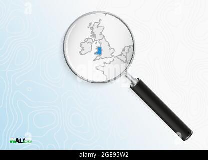 Loupe avec carte du pays de Galles sur fond topographique abstrait. Carte vectorielle. Illustration de Vecteur