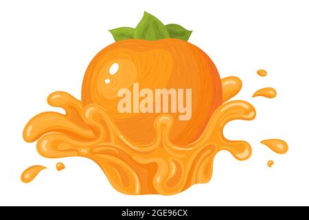 Jus de persimmon entier frais et lumineux, éclabousse isolée sur fond blanc. Jus de fruits d'été. Style de dessin animé. Illustration vectorielle pour n'importe quelle conception. Illustration de Vecteur