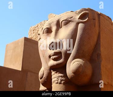 Déesse Hathor (déesse du ciel, des femmes, de la fertilité et de l'amour) sur colonne du temple de Khnum dans l'île Éléphantine, Assouan, haute Égypte Banque D'Images