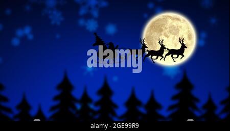 Composition du père noël en traîneau avec renne sur les sapins et la lune Banque D'Images