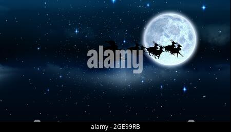 Composition du père noël en traîneau avec renne sur étoiles et lune Banque D'Images
