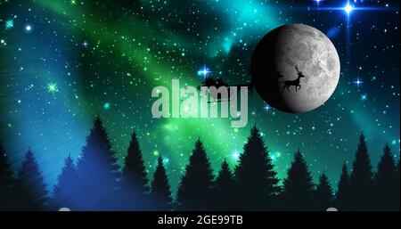 Composition du père noël en traîneau avec renne sur les sapins et la lune Banque D'Images