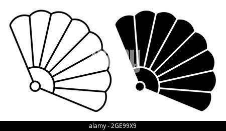 Icône linéaire. Fan de théâtre. Ventilateur pliant féminin de geisha japonais. Vecteur noir et blanc simple isolé sur fond blanc Illustration de Vecteur