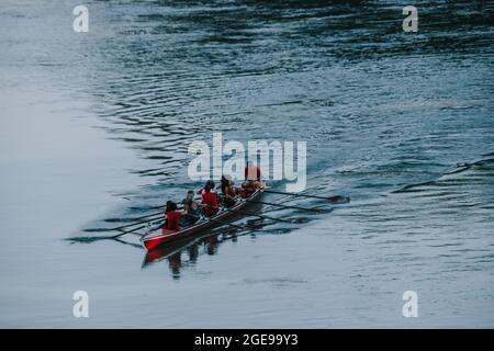 Bateau à ramer avec plusieurs rameurs sur le Tibre à Rome, Italie Banque D'Images