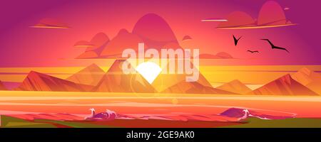 Coucher de soleil sur l'océan, ciel rouge et coucher de soleil. Illustration de Vecteur