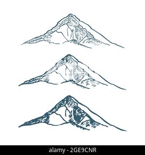 ensemble de montagnes pics, vintage, ancien dessin à la main, esquisse, différentes versions pour la randonnée, l'escalade. Illustration vectorielle Illustration de Vecteur