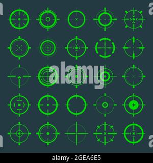 Icônes de réticule, de vecteur de vue du canon. Logo de la cible, cible verte ou symbole d'objectif. Champ d'application de la carabine militaire, symbole de tir. Ciblage, visée pour une prise de vue Illustration de Vecteur